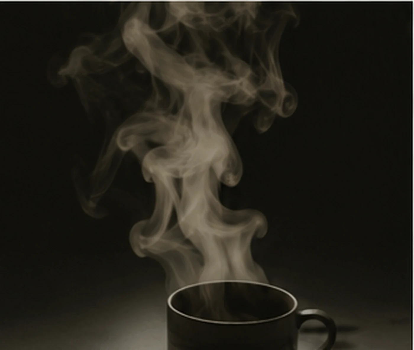 Steam rising from a dark ceramic coffee cup